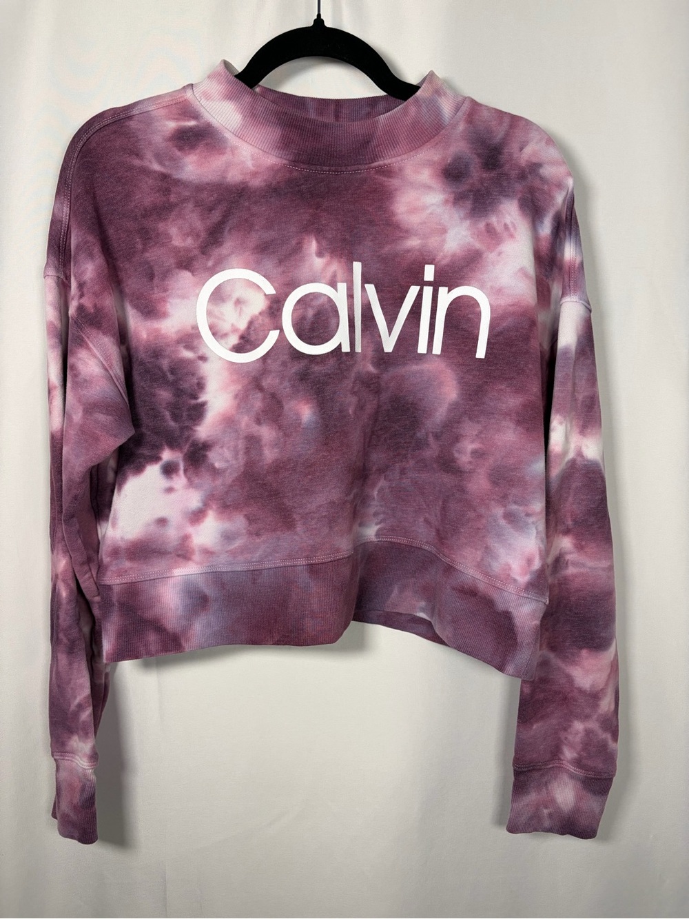 Calvin Klein Performance Purple Tie Dye Cropped Athleisure Long Sleeve Crewneck
